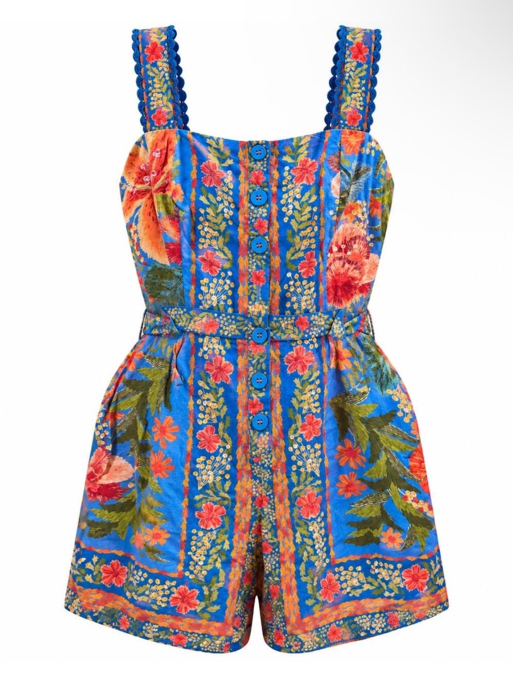 FARM Rio Stitched Garden Blue Romper Tropical Floral Button Front Large Linen
